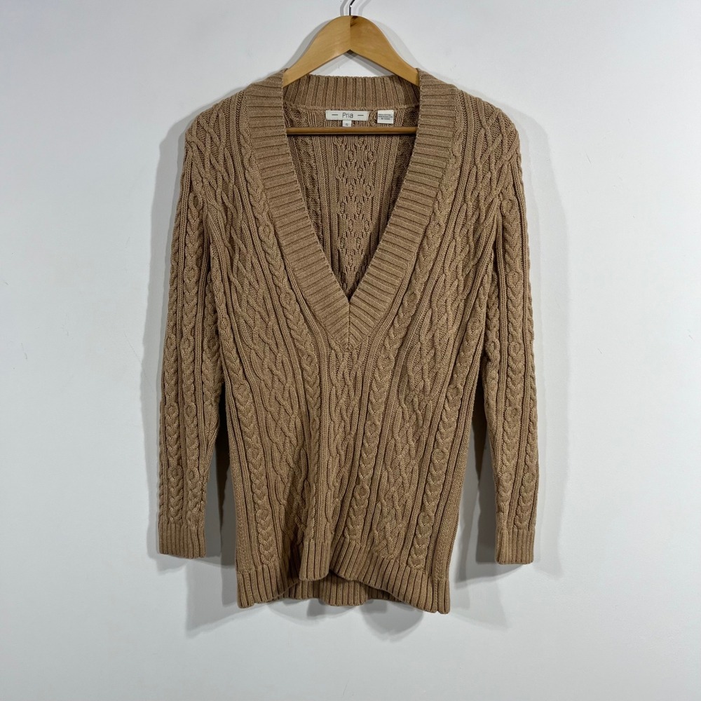 Pria Y2K Fisherman Preppy Brown Cable Knit Cotton Sweater Womens Small Old Money